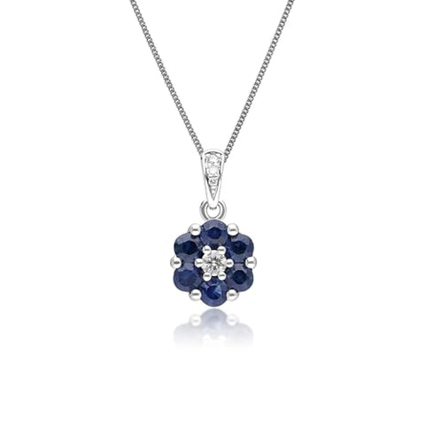Gemondo USA 14K White Gold Round Blue Sapphire & Diamond Classic Flower Pendant