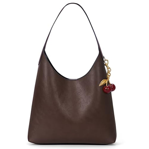 Faux Suede Hobo Bags Vegan Leather Shoulder Bag Tote for Women with Cherry Charm Slouchy Designer Handbag Purse Fall Fashion