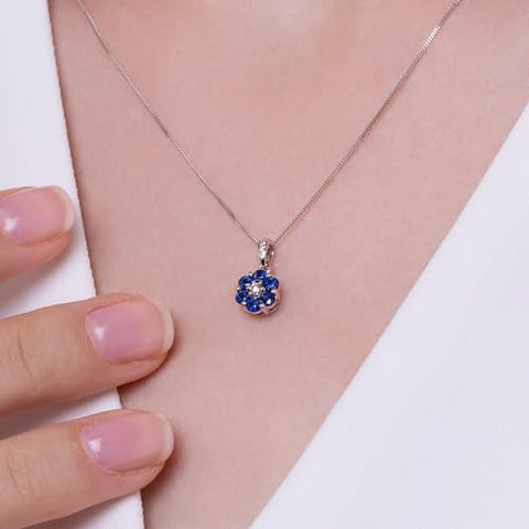 Gemondo USA 14K White Gold Round Blue Sapphire & Diamond Classic Flower Pendant