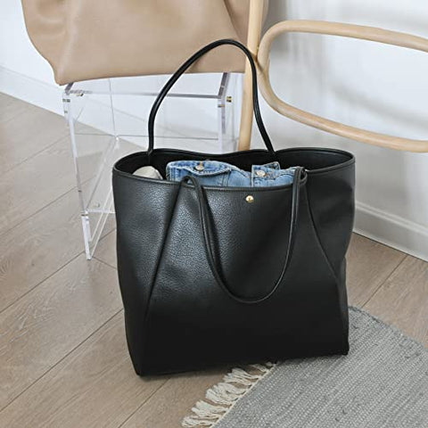 Oversize Pu Leather Tote Women Weekender Bag Shopper Handbag Travel Purse (Black)