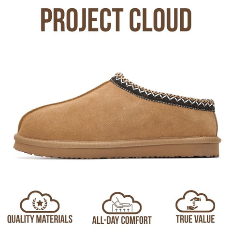 Project Cloud Mens Slippers Genuine Leather with Australian Shearling Lining & Memory Foam Insole Outdoor & House Slippers for Men - Non-Slip Fuzzy Mens Shoes (Relaxation, CHSTNUT, 10.5) Chestnut