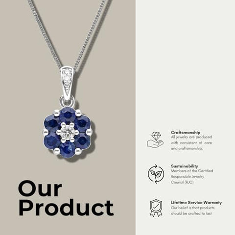 Gemondo USA 14K White Gold Round Blue Sapphire & Diamond Classic Flower Pendant