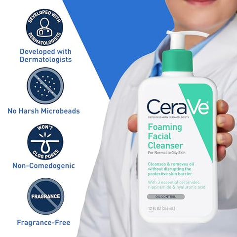 CeraVe Foaming Facial Cleanser, Daily Face Wash for Oily Skin, Hyaluronic Acid + Ceramides + Niacinamide, Fragrance Free & Paraben Free, Non-Drying Oil Control Face Wash, 16 Fluid Ounces