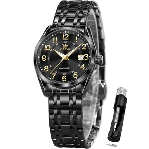 OLEVS Ladies Watches Black Business Easy Read Calendar Business Watch for Female Waterproof Simple Classic Gift Watch for Women