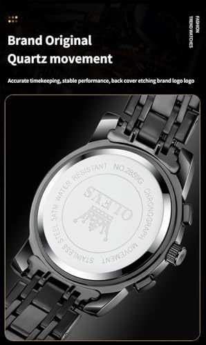 OLEVS Black Watches for Men Casual Fashion Big Face Man Watch Luxury Analog Quartz Men's Wrist Watch Elegant Waterpoof Stainless Steel Multifunction Chronograph Moon Phase Mens Watches