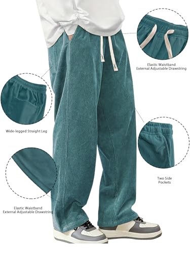 Hidkat Mens Corduroy Casual Pants Fashion Loose Fit Wide Leg Pants Straight Sweatpants Elastic Waist Drawstring Peacock-Blue