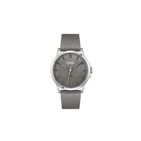 HUGO #First Men's Quartz Stainless Steel and Leather Strap Casual Watch, Color: Grey (Model: 1530185) HUGO