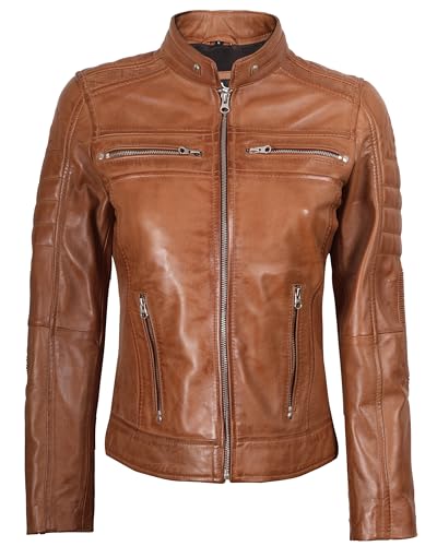 Decrum Brown Leather Jacket Women - Womens Leather Jacket | [1313714] Brown Cafe Racer, L