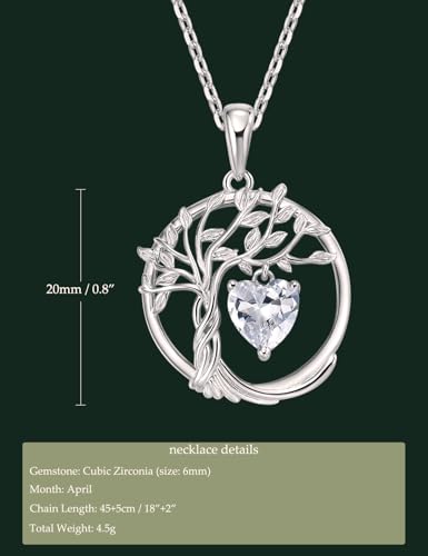 HAOSG 925 Sterling Silver April Birthstone Necklace Cubic Ziconia Simulated Diamond Necklace Tree of Life Pendant Necklaces Birthday Anniversary Wedding Gifts for Women Her Girls, Adjustable Chain HAOSG
