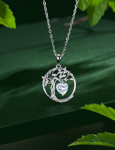 HAOSG 925 Sterling Silver April Birthstone Necklace Cubic Ziconia Simulated Diamond Necklace Tree of Life Pendant Necklaces Birthday Anniversary Wedding Gifts for Women Her Girls, Adjustable Chain HAOSG