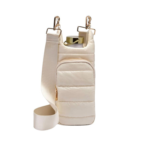 WanderFull Original Crossbody HydroBag | Quilted Water Bottle Carrier | Puffer Tote Tumbler Holder with Pockets for Purse, Phone & Accessories | Carry Travel Essentials (Ivory Gloss) WanderFull