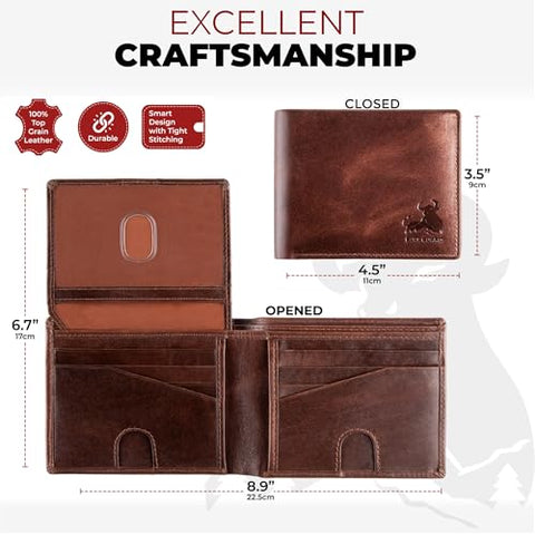 BULL GUARD Mens RFID Blocking Bifold Wallet Soft Genuine Leather Brown Western | Secure and Durable Extra Capacity Billfold with 11 Credit Cards, Flip Up ID BULL GUARD