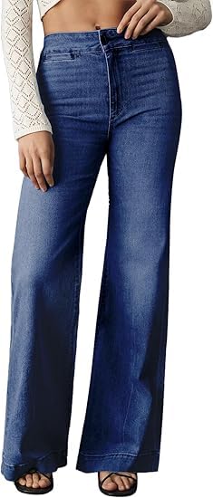 Sidefeel Women's High Waist Jeans Casual Loose Bootcut Jeans Bell Bottom Jeans with Pockets Bluing Size 14
