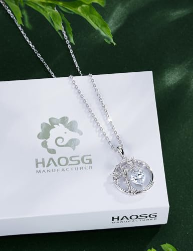 HAOSG 925 Sterling Silver April Birthstone Necklace Cubic Ziconia Simulated Diamond Necklace Tree of Life Pendant Necklaces Birthday Anniversary Wedding Gifts for Women Her Girls, Adjustable Chain HAOSG
