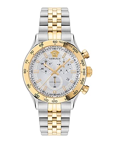 Versace Hellenyium Collection Luxury Mens Watch Timepiece with a Two Tone Bracelet Featuring a Two Tone Case and Silver Dial Versace