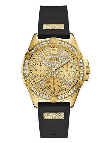 GUESS Gold-Tone Stainless Steel Crystal Encrusted Dial with Black Stain Resistant Silicone Watch (Model: U1160L1) GUESS