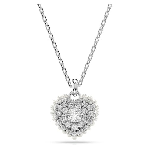 Swarovski Idyllia Pendant Necklace, Heart Pendant with Clear Round-Cut Stone and Clear Round Crystals in a Rhodium-Finished Setting, Part of the Idyllia Collection