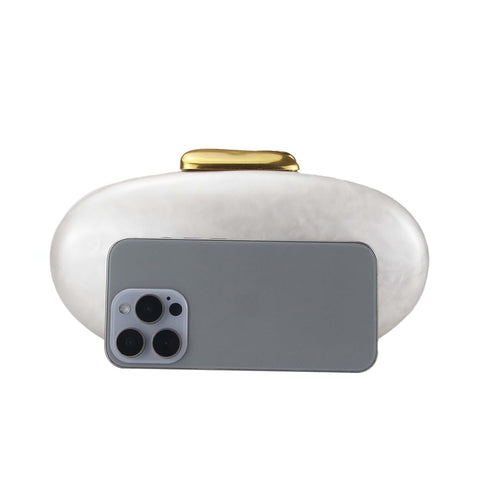 DEBIMY Shell Acrylic Evening Clutch Purse for Women Egg Shape Acrylic Handbags Oval Wedding Party Shoulder Crossbody Bag White Beige DEBIMY