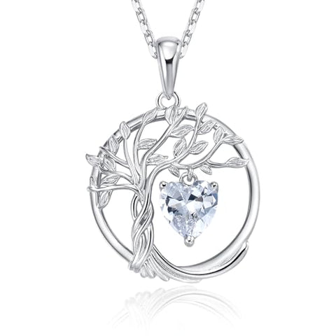 HAOSG 925 Sterling Silver April Birthstone Necklace Cubic Ziconia Simulated Diamond Necklace Tree of Life Pendant Necklaces Birthday Anniversary Wedding Gifts for Women Her Girls, Adjustable Chain HAOSG