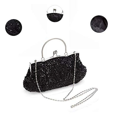EROUGE Beaded Sequin Design Flower Evening Purse Large Clutch Bag (Black) EROUGE