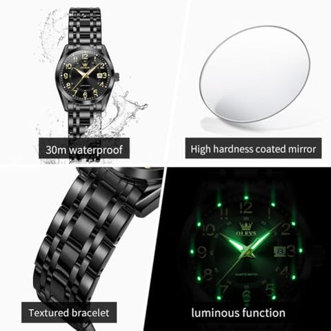 OLEVS Ladies Watches Black Business Easy Read Calendar Business Watch for Female Waterproof Simple Classic Gift Watch for Women
