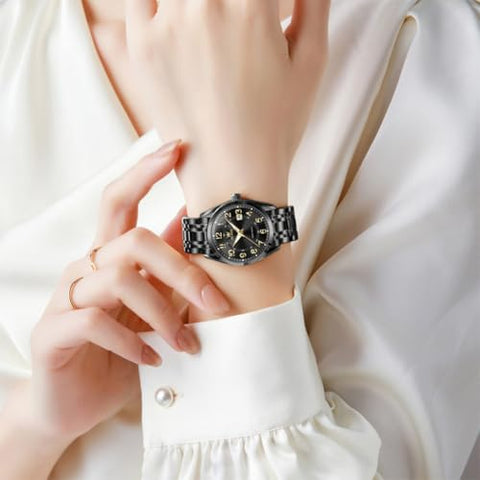 OLEVS Ladies Watches Black Business Easy Read Calendar Business Watch for Female Waterproof Simple Classic Gift Watch for Women