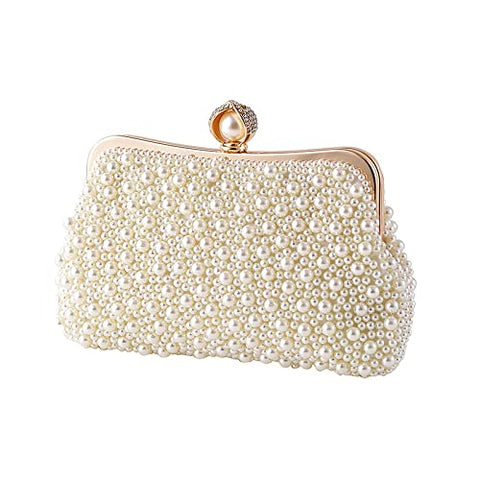 ASPHODELCHIC Women Pearl Evening Bag Bride Beaded Clutch Purse Cream White for Wedding Party (Ivory white) Small ASPHODELCHIC
