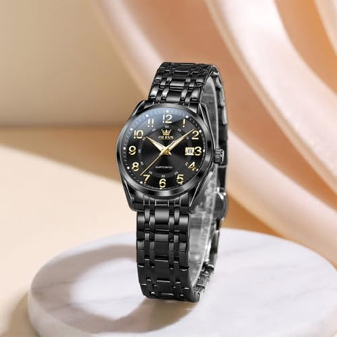 OLEVS Ladies Watches Black Business Easy Read Calendar Business Watch for Female Waterproof Simple Classic Gift Watch for Women