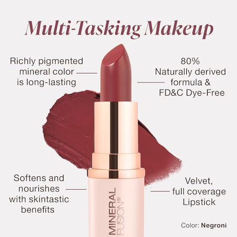Mineral Fusion Long-Lasting Lipstick, Vivid & Smudge-Free Lip Color with Avocado Oil, Cocoa Seed Butter, Free of FD&C Dyes, Paraben and Gluten, Negroni