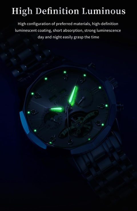 OLEVS Automatic Men Gold Watch Skeleton Mechanical Business Dress Stainless Steel Waterproof Luminous Calendar Luxury Classic Wrist Watch Male