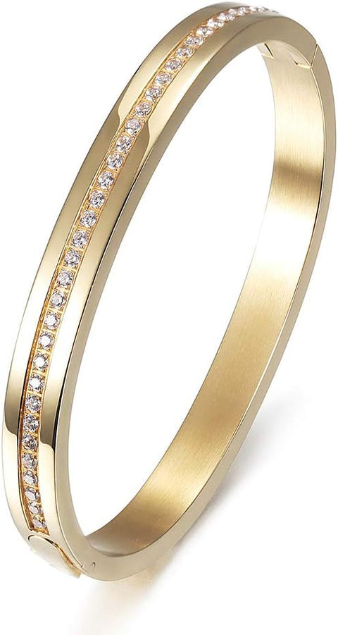 Cuff Bracelet with CZ for Women Stainless Steel Metal and Spring-Clasp Gold Silver Black Plated Chunky Cuff Bangle Jewelry for Girls Gift (CZ Gold) Jinbaoying