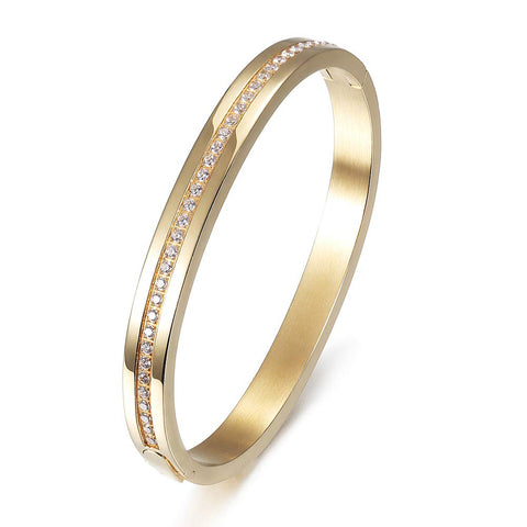 Cuff Bracelet with CZ for Women Stainless Steel Metal and Spring-Clasp Gold Silver Black Plated Chunky Cuff Bangle Jewelry for Girls Gift (CZ Gold) Jinbaoying