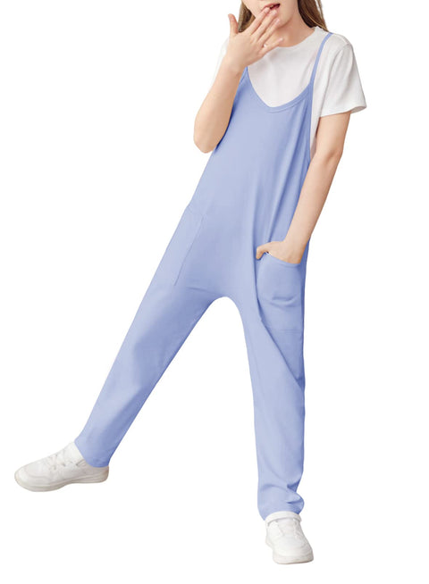 Cnkwei Girls' Casual Sleeveless Jumpsuits Spaghetti Strap Loose Romper Long Pants with Pockets