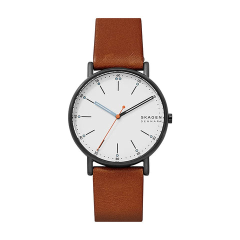 Skagen Men's Signatur Three-Hand Black Stainless Steel and Brown Leather Band Watch (Model: SKW6374) Skagen