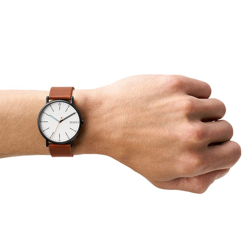 Skagen Men's Signatur Three-Hand Black Stainless Steel and Brown Leather Band Watch (Model: SKW6374) Skagen