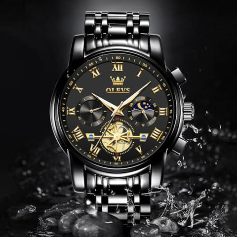 OLEVS Black Watches for Men Casual Fashion Big Face Man Watch Luxury Analog Quartz Men's Wrist Watch Elegant Waterpoof Stainless Steel Multifunction Chronograph Moon Phase Mens Watches