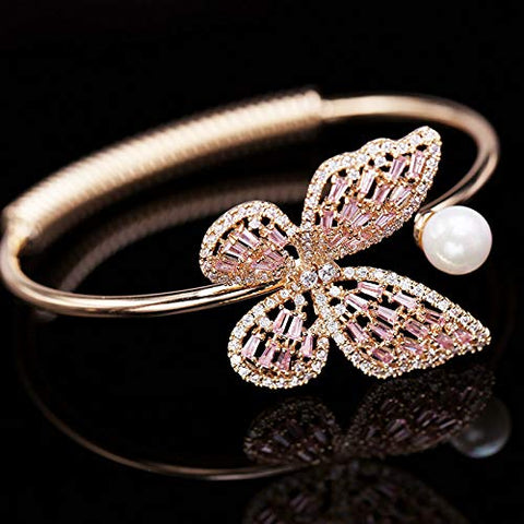 PAENENPH 14K Gold Moissanite Butterfly Open Bangle for Women,Adjustable Freshwater Cultured Pearl Charm Bangle Bracelet,Gift for Mom,Girlfriend,Wife (Yellow Gold, 14K Gold) PAENENPH