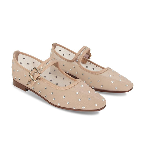 DOEYG Mesh Ballet Flats for Women Rhinestone Mary Jane Flats with Strap Sparkly Square Toe Embellished Flats Shoes Comfortable Casual Dress Ballerina Shoes