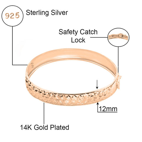 Savlano 925 Sterling Silver 12MM Diamond Cut Bangle Bracelet - 14K Gold Plated 7.5” inch Bracelet for Women Comes with Gift Box - Made in Italy Savlano