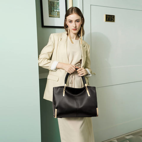 Leather Handbags for Women Leather Lady Large Top-handle Bag Satchel Handbags for Women, Genuine Leather Ladies Top-handle Shoulder Bag (Black) FOXLOVER