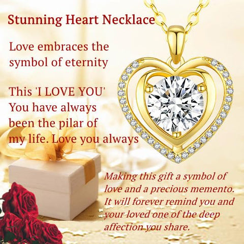 Heart Pendant Gold Necklace for Women Moissanite Lab-Created Gem I Love You Wedding Anniversary Birthday Christmas Valentine Engagements Mothers Day Jewelry for Wife Her Girlfriend Mom Daughter