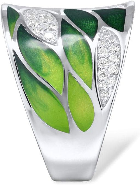 Santuzza 925 Sterling Silver Bamboo Leaves Ring White Cubic Zirconia Handmade Enamel Leaf Rings (6) Santuzza