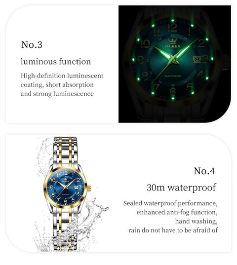 OLEVS Womens Watches Classic Business Two Tone Analog Quartz Female Wristwatch Ladies Luminous Calendar Easy Read Blue Reloj de Mujer
