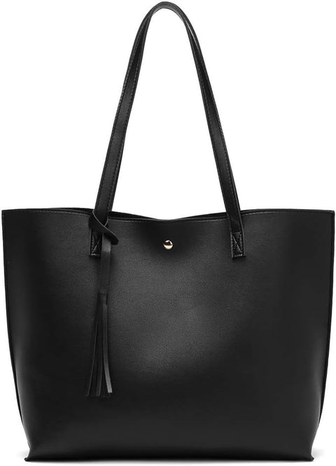 Dreubea Women's Soft Faux Leather Tote Shoulder Bag from, Big Capacity Tassel Handbag Black-plain Dreubea