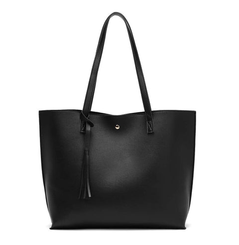 Dreubea Women's Soft Faux Leather Tote Shoulder Bag from, Big Capacity Tassel Handbag Black-plain Dreubea
