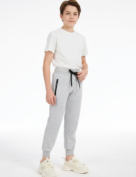 Gihuo 3 Pack Boys Sweatpants Athletic Workout Kids Joggers with Zipper Pocket Drawstring Active Casual Soft Jogging Sweat Pants (BlackLightGreyDarkGrey-S)