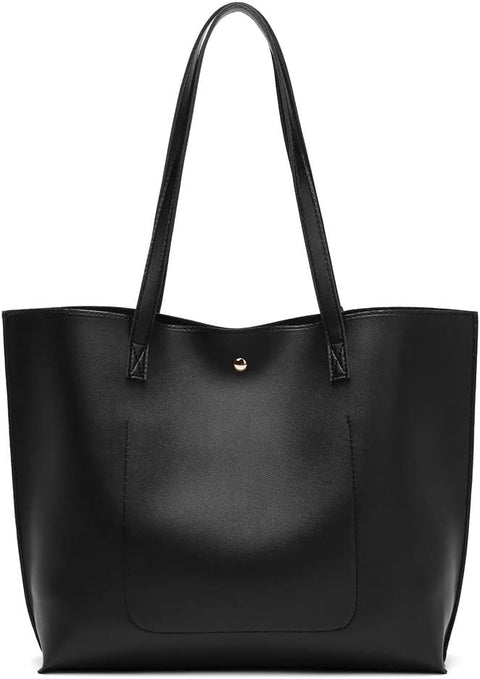 Dreubea Women's Soft Faux Leather Tote Shoulder Bag from, Big Capacity Tassel Handbag Black-plain Dreubea