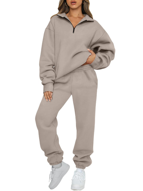 AUTOMET Women's Sweatsuits 2 Piece Outfits Lounge Sets Long Sleeve Half Zip Pullover and Baggy Sweatpants with Pockets CoffeeGrey S