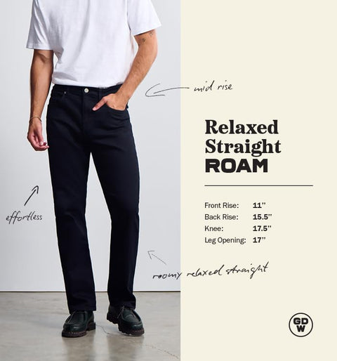 General Denim Works Roam Men's Mid Rise Relaxed Straight Leg Jeans, Mid Denim, 34x30