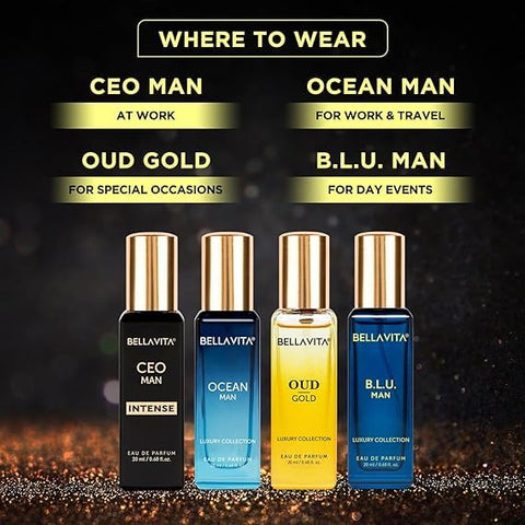 Eau De Parfum Gift Set 4 x 20ml for Men & Women with OUD GOLD, OCEAN, B.L.U & CEO Man Perfume|Long Lasting EDP Fragrance Scent Generic